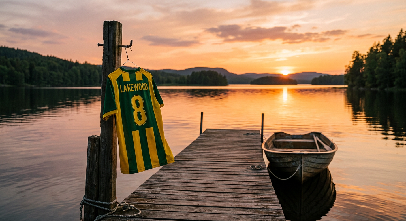 A football jersey photographed at Lakewood Pier, sunset