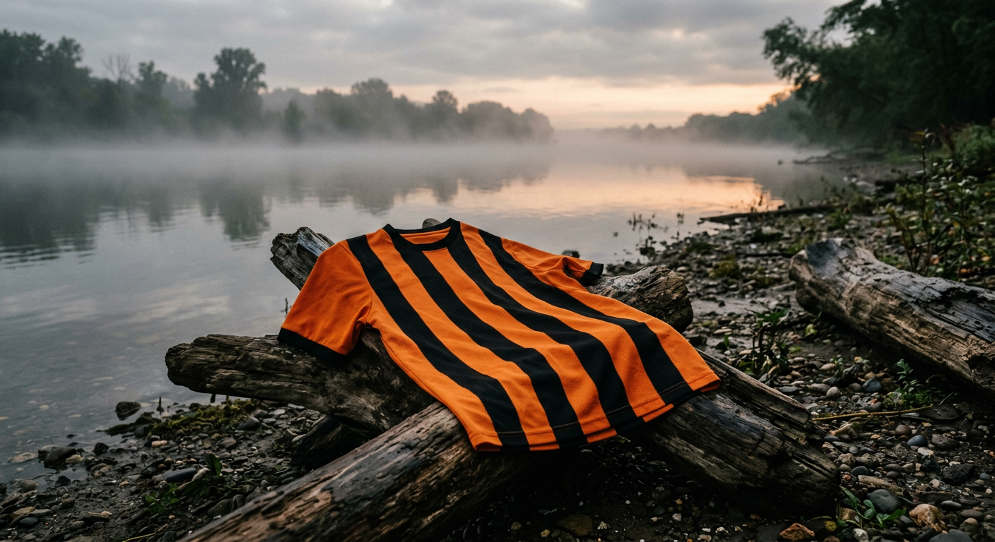 A football jersey photographed at Ferry Riverbank